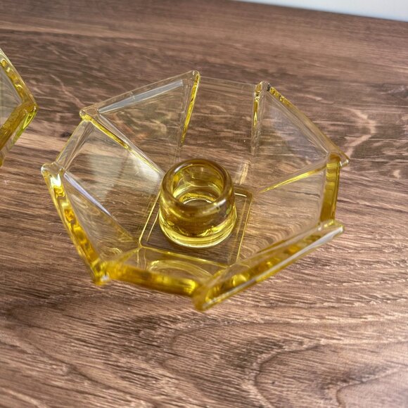 Fostoria 1930s Candle Holders, Yellow Deco Glass Pair - Picture 4 of 11